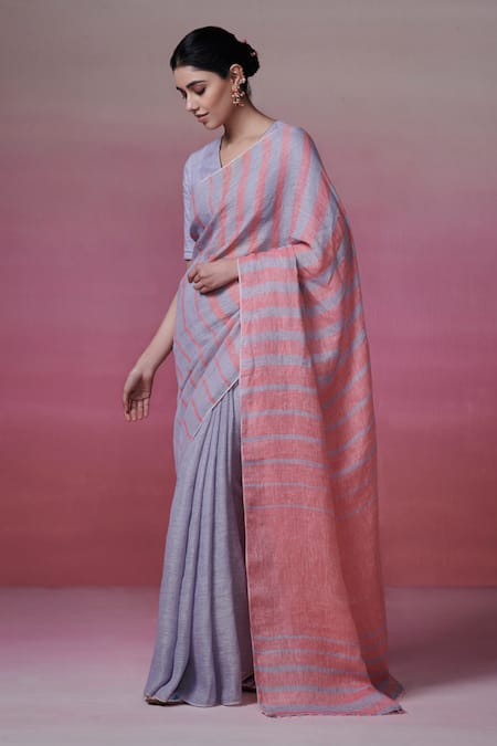 Buy_Dressfolk_Pink Handloom Cotton Striped Linen Saree With Running Blouse _Online_at_Aza_Fashions