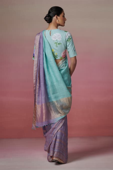 Dressfolk Inked Tale Zari Bar Stripe Handloom Linen Saree 