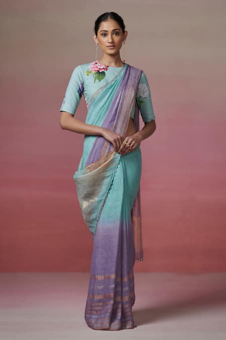 Dressfolk Blue Handloom Cotton Zari Bar Stripe Linen Saree With Running Blouse Online at Aza Fashions Dressfolk_Blue Handloom Cotton Zari Bar Stripe Linen Saree With Running Blouse _Online_at_Aza_Fashions