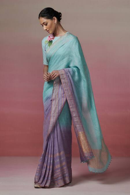 Buy Dressfolk Blue Handloom Cotton Zari Bar Stripe Linen Saree With Running Blouse Online at Aza Fashions Buy_Dressfolk_Blue Handloom Cotton Zari Bar Stripe Linen Saree With Running Blouse _Online_at_Aza_Fashions