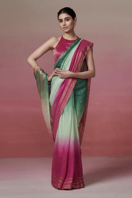 Dressfolk_Green Handloom Cotton Zari Ombre Stripe Linen Saree With Running Blouse_Online_at_Aza_Fashions