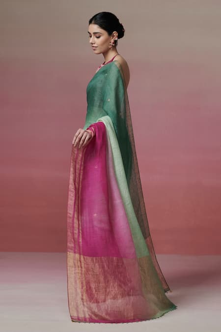Buy_Dressfolk_Green Handloom Cotton Zari Ombre Stripe Linen Saree With Running Blouse_Online_at_Aza_Fashions