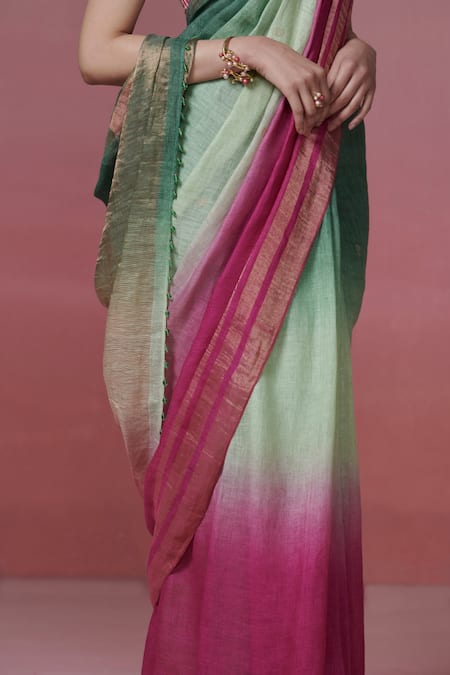 Shop_Dressfolk_Green Handloom Cotton Zari Ombre Stripe Linen Saree With Running Blouse_Online_at_Aza_Fashions