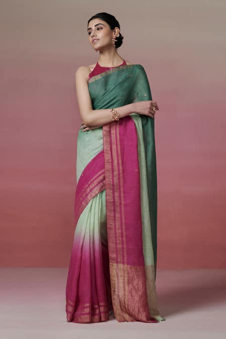 Dressfolk_Green Handloom Cotton Zari Ombre Stripe Linen Saree With Running Blouse_at_Aza_Fashions