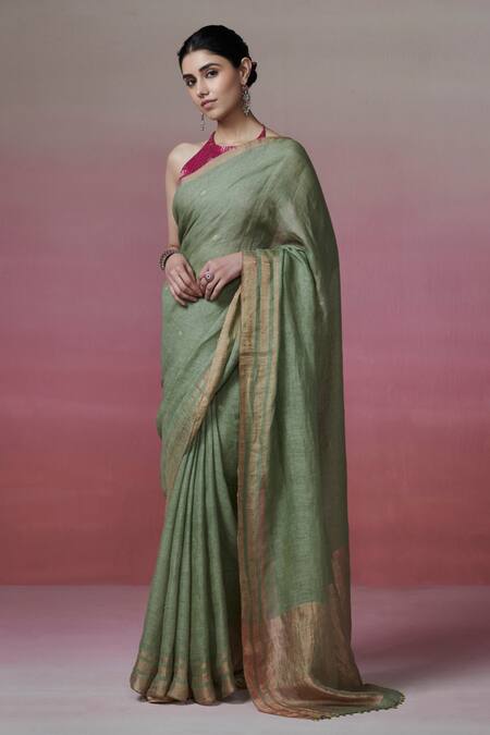 Dressfolk_Green Handloom Cotton Zari Border Linen Saree With Running Blouse_Online_at_Aza_Fashions
