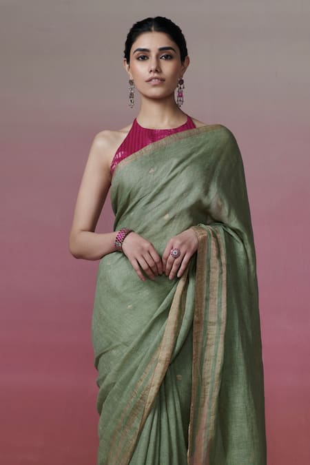 Buy_Dressfolk_Green Handloom Cotton Zari Border Linen Saree With Running Blouse_Online_at_Aza_Fashions