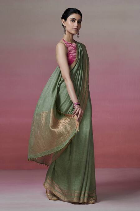 Shop_Dressfolk_Green Handloom Cotton Zari Border Linen Saree With Running Blouse_Online_at_Aza_Fashions