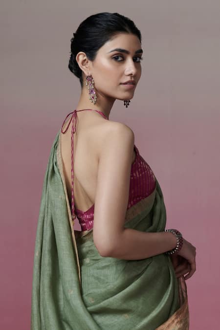 Dressfolk_Green Handloom Cotton Zari Border Linen Saree With Running Blouse_at_Aza_Fashions