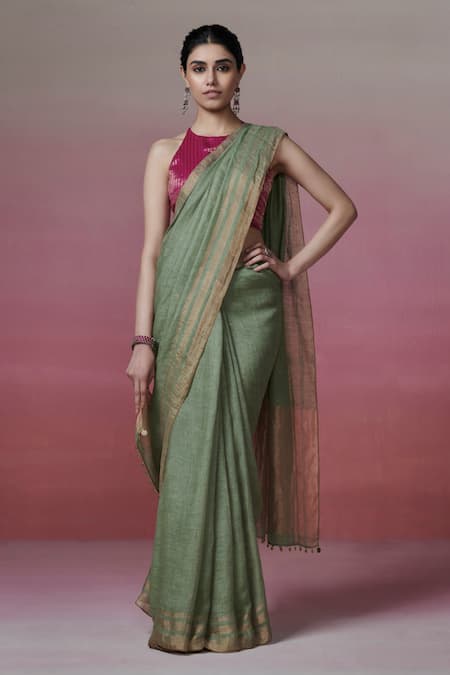 Buy_Dressfolk_Green Handloom Cotton Zari Border Linen Saree With Running Blouse