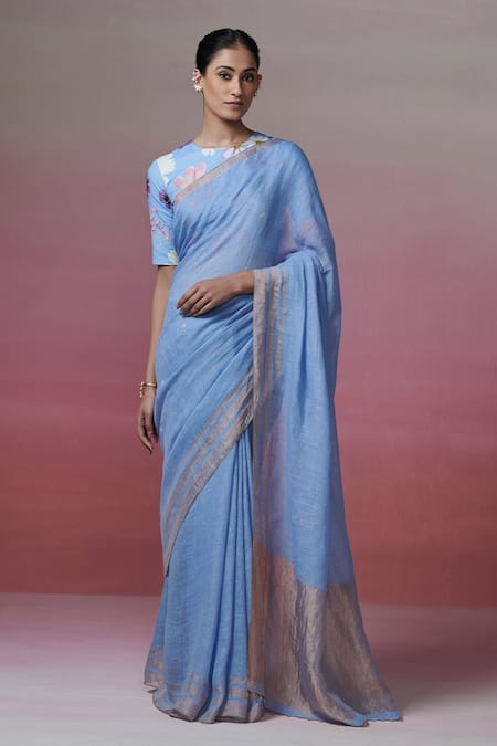 Dressfolk Blue Handloom Linen Zari Lagoon Border Saree 