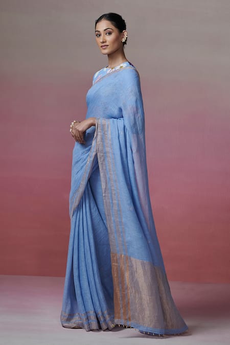 Dressfolk Blue Handloom Cotton Zari Lagoon Border Linen Saree With Running Blouse Online at Aza Fashions Dressfolk_Blue Handloom Cotton Zari Lagoon Border Linen Saree With Running Blouse_Online_at_Aza_Fashions