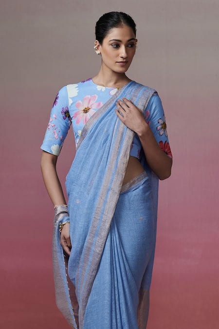 Buy Dressfolk Blue Handloom Cotton Zari Lagoon Border Linen Saree With Running Blouse Online at Aza Fashions Buy_Dressfolk_Blue Handloom Cotton Zari Lagoon Border Linen Saree With Running Blouse_Online_at_Aza_Fashions