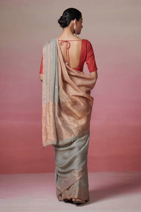Shop Dressfolk Gold Handloom Cotton Zari Gradient Linen Saree With Running Blouse at Aza Fashions Shop_Dressfolk_Gold Handloom Cotton Zari Gradient Linen Saree With Running Blouse_at_Aza_Fashions