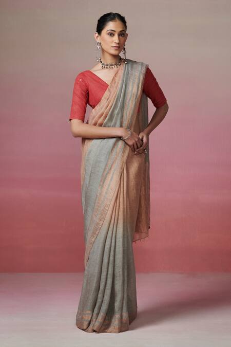 Buy Dressfolk Gold Handloom Cotton Zari Gradient Linen Saree With Running Blouse Online at Aza Fashions Buy_Dressfolk_Gold Handloom Cotton Zari Gradient Linen Saree With Running Blouse_Online_at_Aza_Fashions