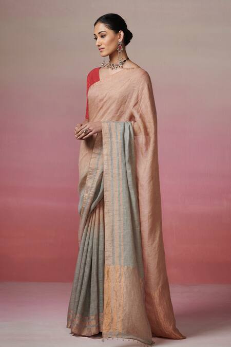 Shop Dressfolk Gold Handloom Cotton Zari Gradient Linen Saree With Running Blouse Online at Aza Fashions Shop_Dressfolk_Gold Handloom Cotton Zari Gradient Linen Saree With Running Blouse_Online_at_Aza_Fashions