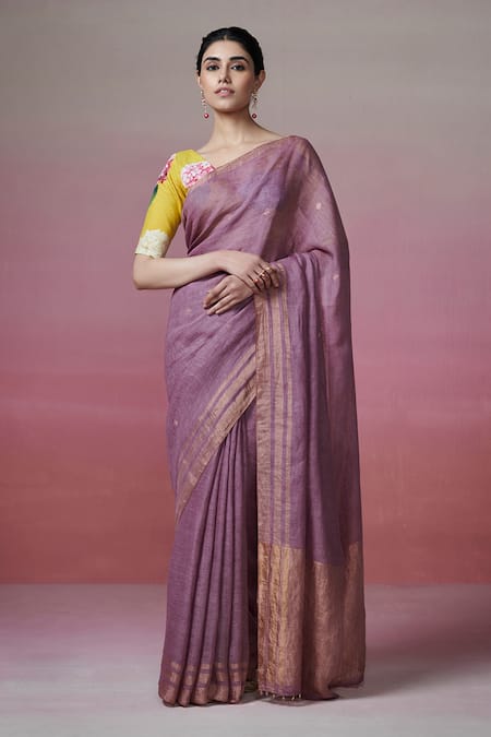 Dressfolk Purple Handloom Linen Zari Old School Romance Border Saree 