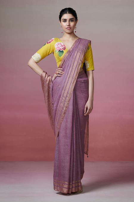 Dressfolk_Purple Handloom Cotton Zari Border Linen Saree With Running Blouse _Online_at_Aza_Fashions