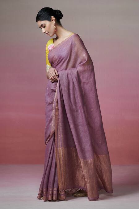Buy_Dressfolk_Purple Handloom Cotton Zari Border Linen Saree With Running Blouse _Online_at_Aza_Fashions