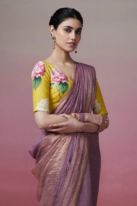 Shop_Dressfolk_Purple Handloom Cotton Zari Border Linen Saree With Running Blouse _Online_at_Aza_Fashions