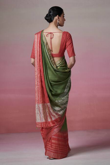 Dressfolk Zari Striped Handloom Linen Saree with Running Blouse 