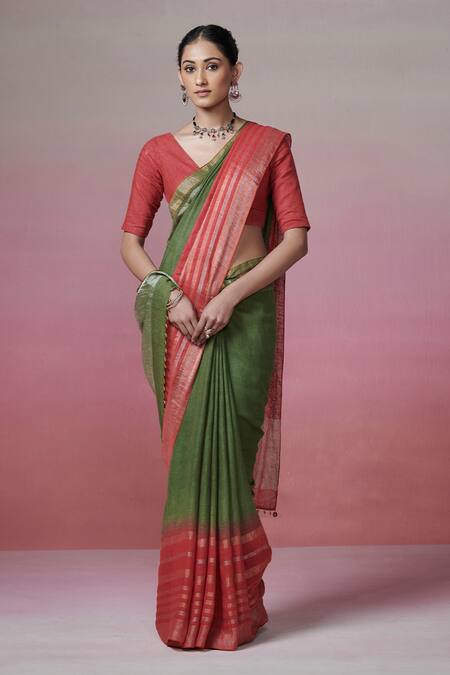 Dressfolk_Red Handloom Cotton Zari Striped Linen Saree With Running Blouse _Online_at_Aza_Fashions