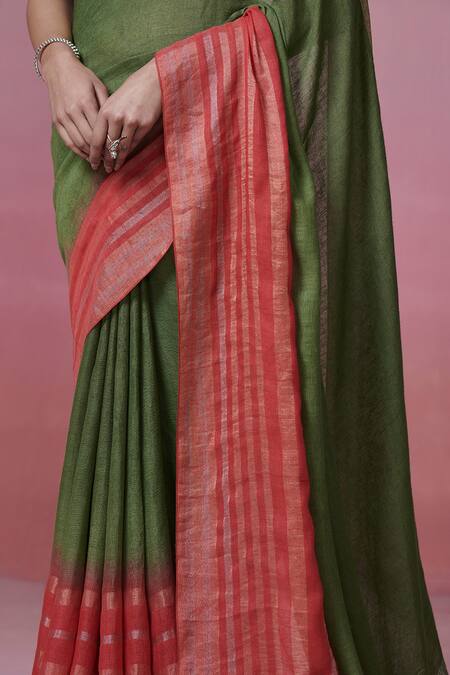 Buy_Dressfolk_Red Handloom Cotton Zari Striped Linen Saree With Running Blouse _Online_at_Aza_Fashions