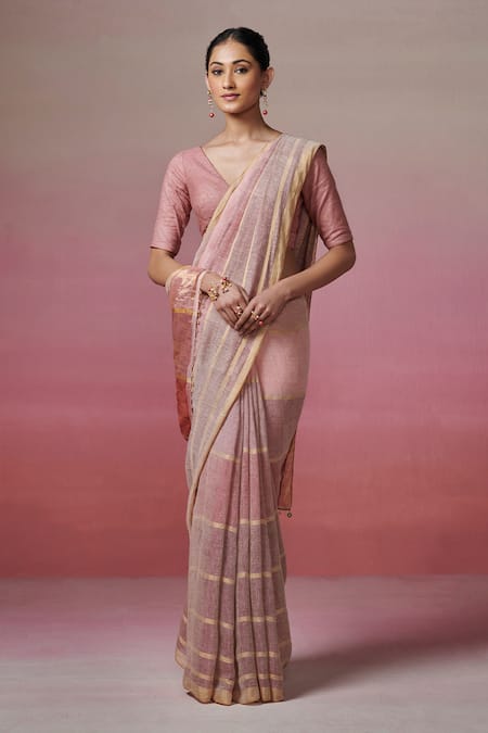 Dressfolk Purple Handloom Cotton Zari Striped Linen Saree With Running Blouse Online at Aza Fashions Dressfolk_Purple Handloom Cotton Zari Striped Linen Saree With Running Blouse _Online_at_Aza_Fashions