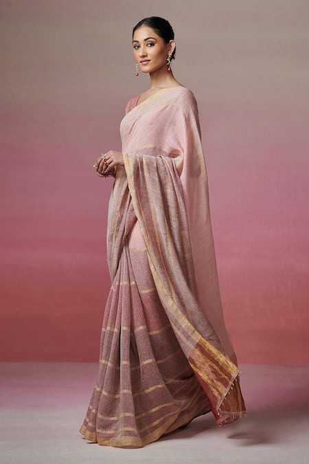 Buy Dressfolk Purple Handloom Cotton Zari Striped Linen Saree With Running Blouse Online at Aza Fashions Buy_Dressfolk_Purple Handloom Cotton Zari Striped Linen Saree With Running Blouse _Online_at_Aza_Fashions