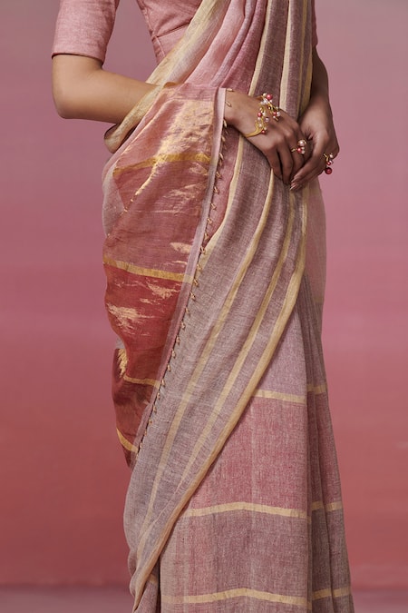 Shop Dressfolk Purple Handloom Cotton Zari Striped Linen Saree With Running Blouse Online at Aza Fashions Shop_Dressfolk_Purple Handloom Cotton Zari Striped Linen Saree With Running Blouse _Online_at_Aza_Fashions