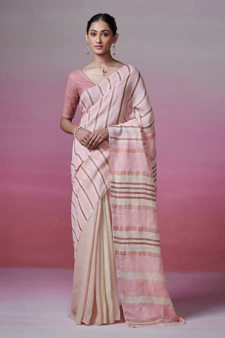 Dressfolk Beige Handloom Linen Stripe Vintage Vows Chalk Saree 