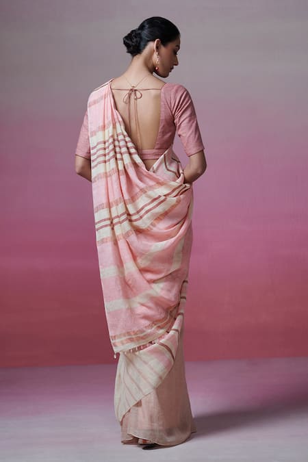Dressfolk Chalk Striped Handloom Linen Saree with Running Blouse 
