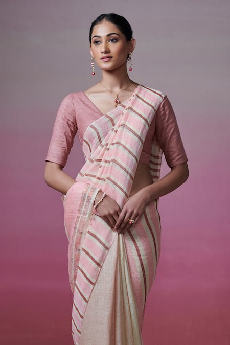 Dressfolk_Beige Handloom Cotton Chalk Striped Linen Saree With Running Blouse _Online_at_Aza_Fashions