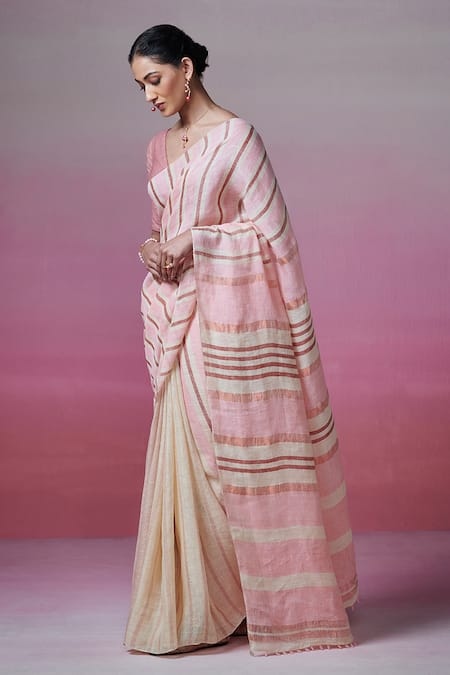 Buy_Dressfolk_Beige Handloom Cotton Chalk Striped Linen Saree With Running Blouse _Online_at_Aza_Fashions
