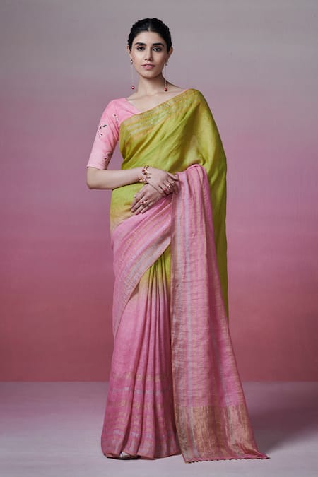 Dressfolk Lovers Gaze Zari Border Ombre Handloom Linen Saree 