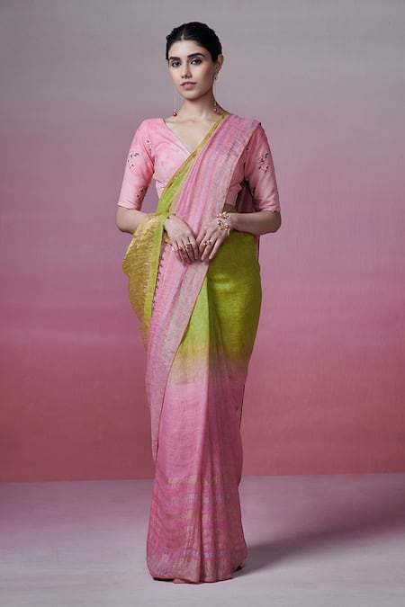 Dressfolk_Green Handloom Cotton Zari Ombre Border Linen Saree With Running Blouse_Online_at_Aza_Fashions
