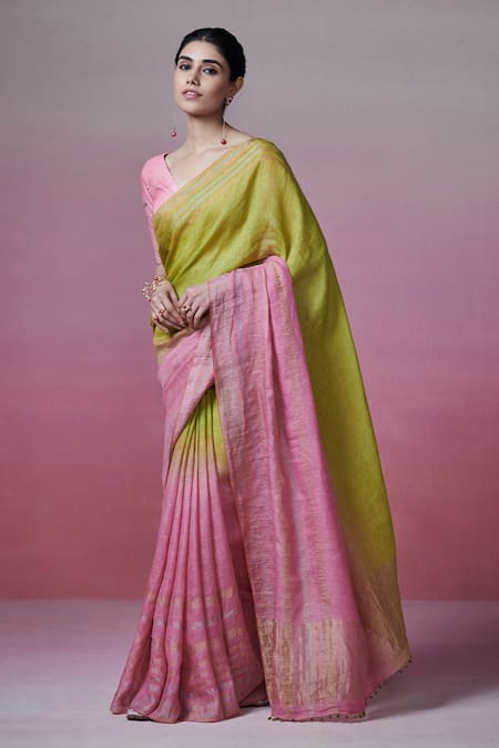 Buy_Dressfolk_Green Handloom Cotton Zari Ombre Border Linen Saree With Running Blouse_Online_at_Aza_Fashions