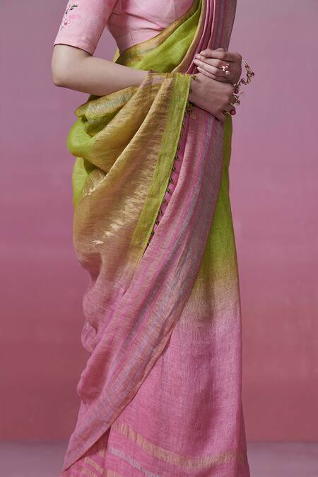 Shop_Dressfolk_Green Handloom Cotton Zari Ombre Border Linen Saree With Running Blouse_Online_at_Aza_Fashions