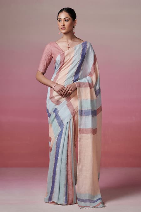 Dressfolk Petals Awning Striped Handloom Linen Saree 