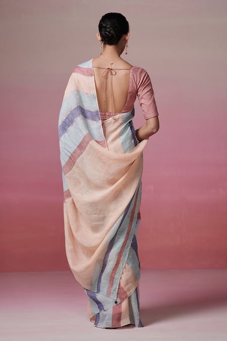 Dressfolk Awning Stripe Handloom Linen Saree with Running Blouse 