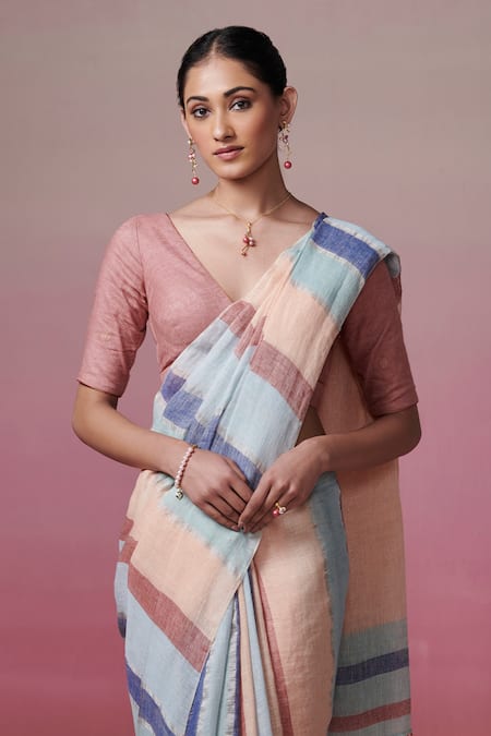 Dressfolk Blue Handloom Cotton Awning Stripe Linen Saree With Running Blouse Online at Aza Fashions Dressfolk_Blue Handloom Cotton Awning Stripe Linen Saree With Running Blouse _Online_at_Aza_Fashions