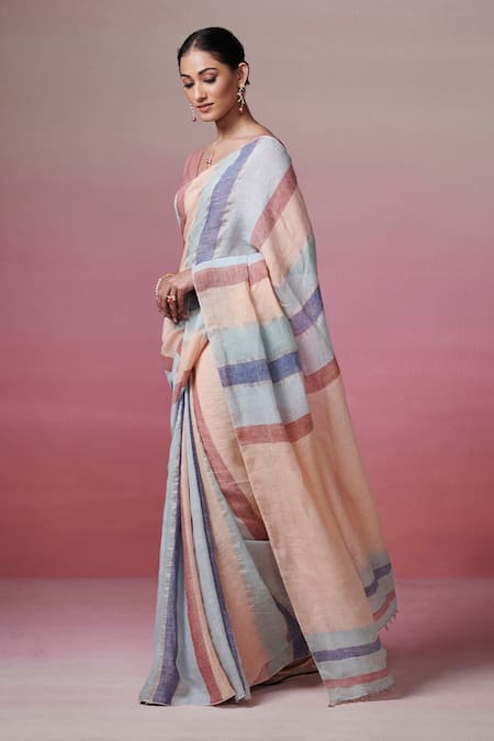Buy Dressfolk Blue Handloom Cotton Awning Stripe Linen Saree With Running Blouse Online at Aza Fashions Buy_Dressfolk_Blue Handloom Cotton Awning Stripe Linen Saree With Running Blouse _Online_at_Aza_Fashions