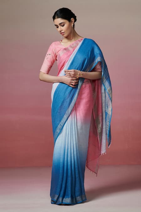 Dressfolk Dreams Zari Border Ombre Handloom Linen Saree 