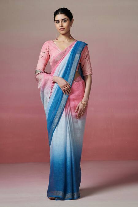 Dressfolk_Pink Handloom Cotton Zari Ombre Border Linen Saree With Running Blouse _Online_at_Aza_Fashions