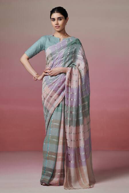 Dressfolk Multi Color Handloom Linen Stripes Love Song Saree 