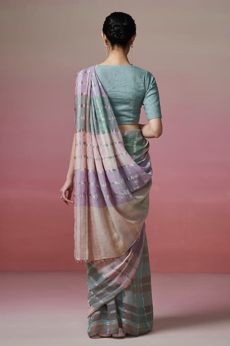 Shop_Dressfolk_Multi Color Handloom Cotton Striped Linen Saree With Running Blouse_at_Aza_Fashions