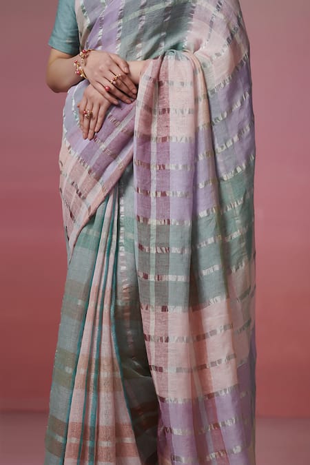 Dressfolk_Multi Color Handloom Cotton Striped Linen Saree With Running Blouse_Online_at_Aza_Fashions
