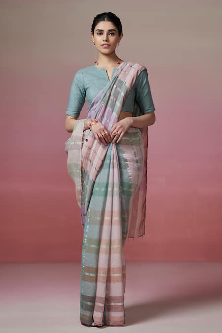 Buy_Dressfolk_Multi Color Handloom Cotton Striped Linen Saree With Running Blouse_Online_at_Aza_Fashions