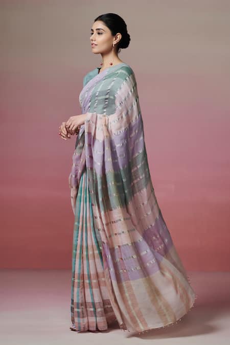 Shop_Dressfolk_Multi Color Handloom Cotton Striped Linen Saree With Running Blouse_Online_at_Aza_Fashions