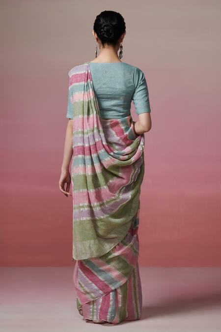 Shop Dressfolk Multi Color Handloom Cotton, Linen Striped Saree With Running Blouse at Aza Fashions Shop_Dressfolk_Multi Color Handloom Cotton, Linen Striped Saree With Running Blouse_at_Aza_Fashions