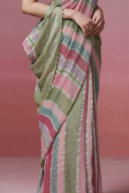 Dressfolk Multi Color Handloom Cotton, Linen Striped Saree With Running Blouse Online at Aza Fashions Dressfolk_Multi Color Handloom Cotton, Linen Striped Saree With Running Blouse_Online_at_Aza_Fashions
